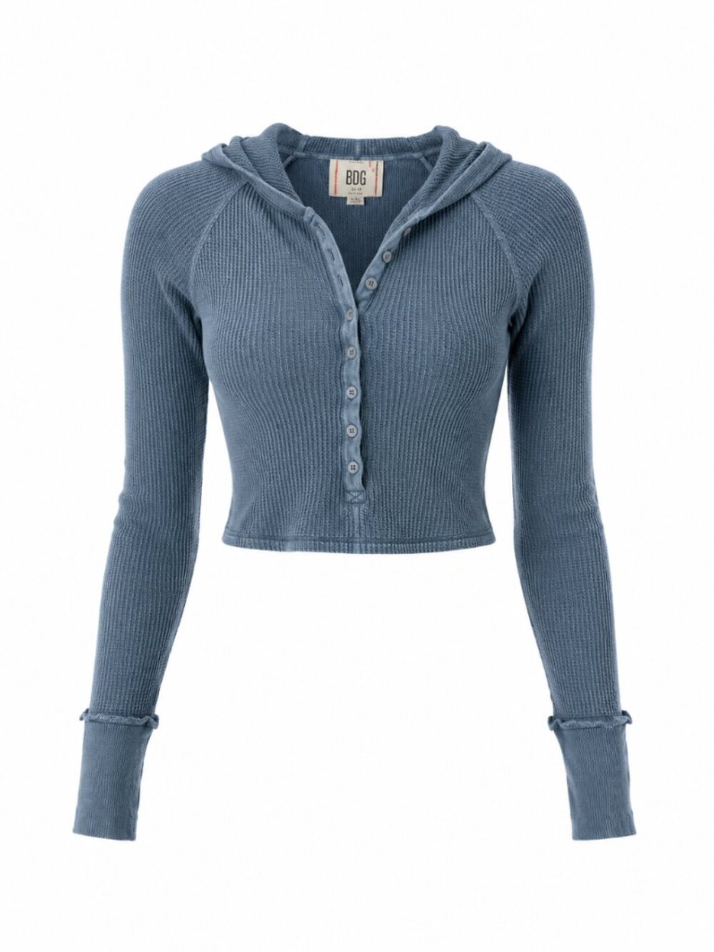 BDG Urban Outfitters Washed Blue Waffle Knit Ribbed Cropped Henley Hoodie XS